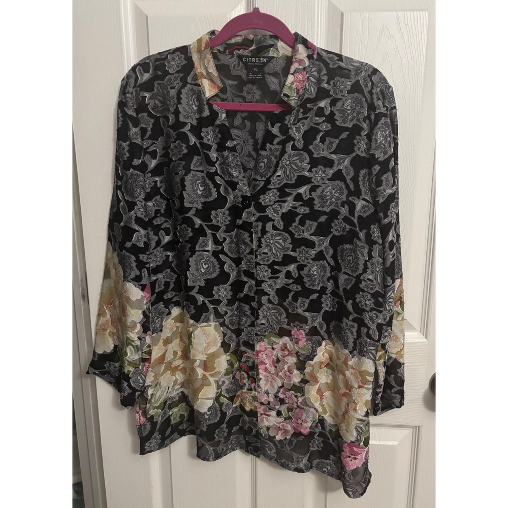 Citron Santa Monica | Women's Blouse Tunic Black Multicolor Flowers Silk Sz PL